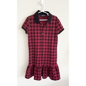 Polo RL girls deep red/black check plaid ruffled hem dress 8/10